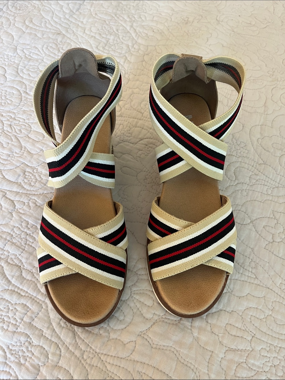 MIA Cream Sandals with Black and Red Striped Elastic Crisscross